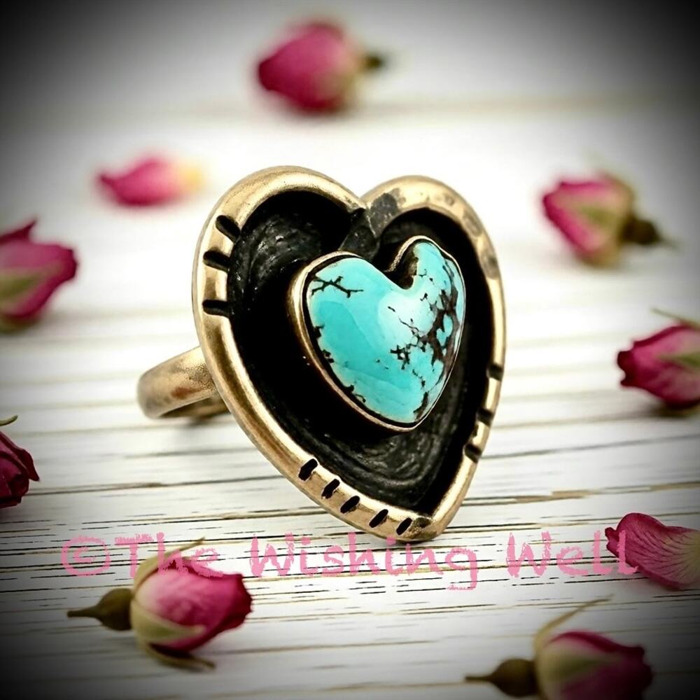 Picture Box Golden Hills Turquoise Heart Ring Artisan Sterling Size Adjustable - Picture 2 of 9